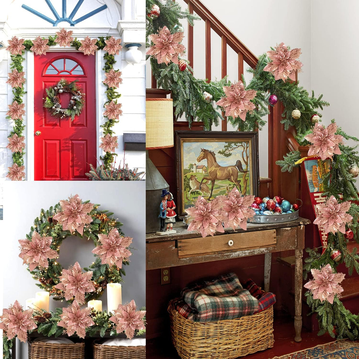 15 Piezas Flores Poinsettia Artificiales con Clips y Tallos