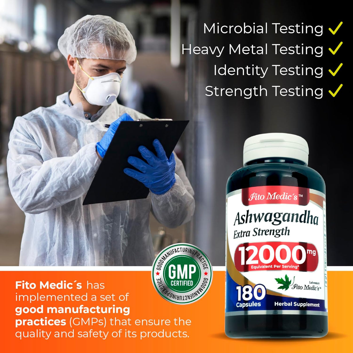 Suplemento de Ashwagandha 180 Caps | FITO MEDIC'S Lab | 12000 mg