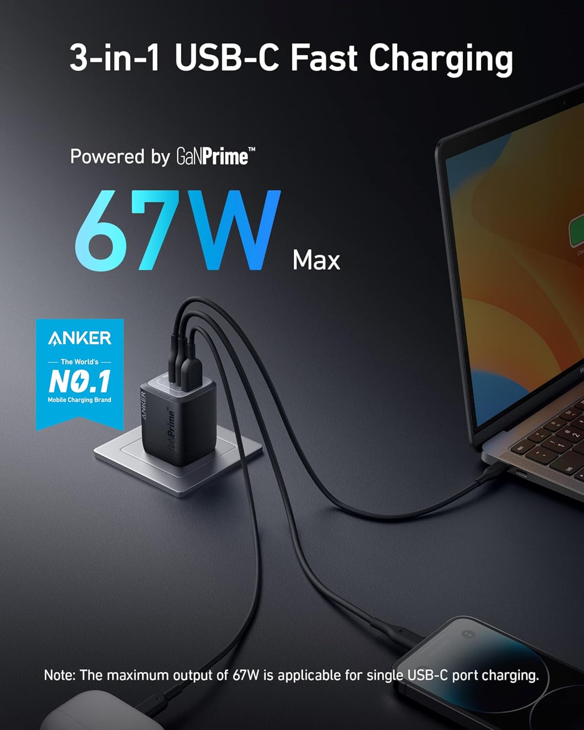 Cargador USB C Prime de 67 W 3 puertos compacto y rápido PPS
