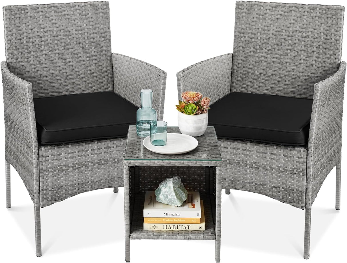 Best Choice Products Juego de 3 piezas de mimbre para exteriores, muebles de patio que ahorran espacio para patio, jardín con 2 sillas, 2 cojines, mesa de almacenamiento lateral, gris/negro