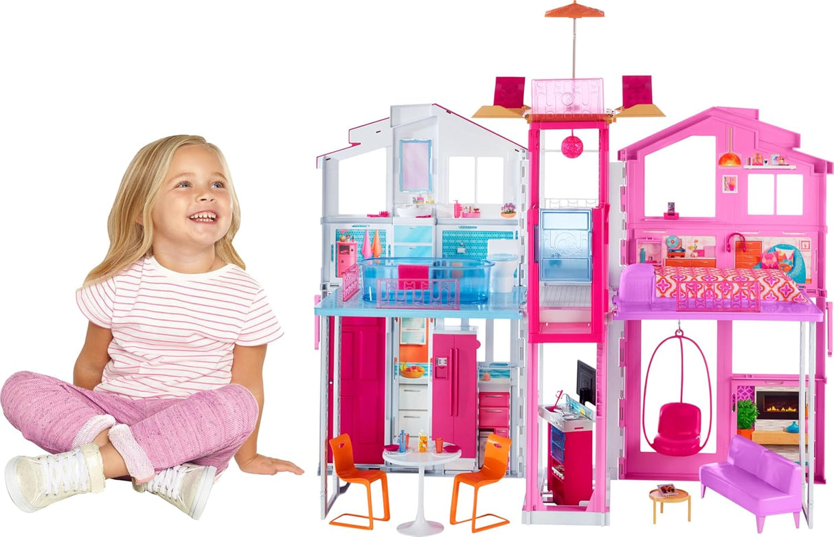 Casa de muñecas Barbie 3 pisos con elevador, accesorios y portátil