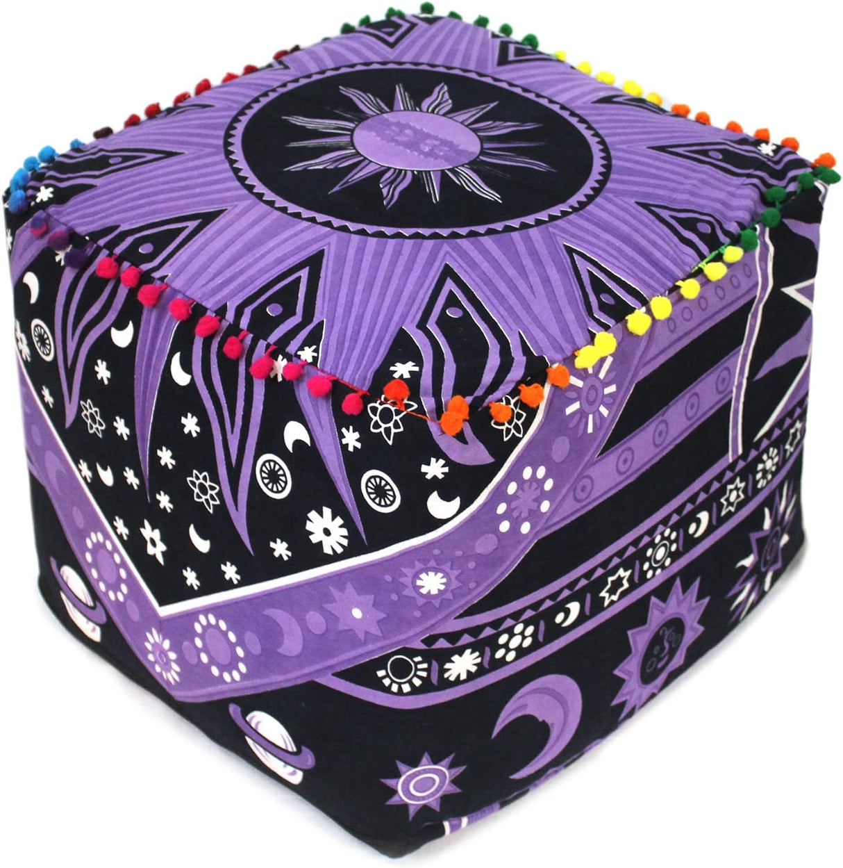 CRAFT KALA Funda de cojín cuadrada de mandala para suelo, funda de cojín para asiento, hippie, decorativo, bohemio, otomano, pufs otomanos, almohada de algodón, decoración del hogar, 18 x 18 x 14 pulgadas, sol ardiente morado