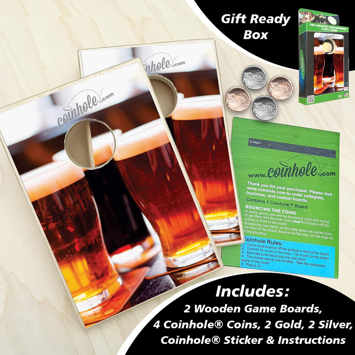 Juego de Mesa de Monedas, Set Cornhole, Incluye Vasos de Cerveza