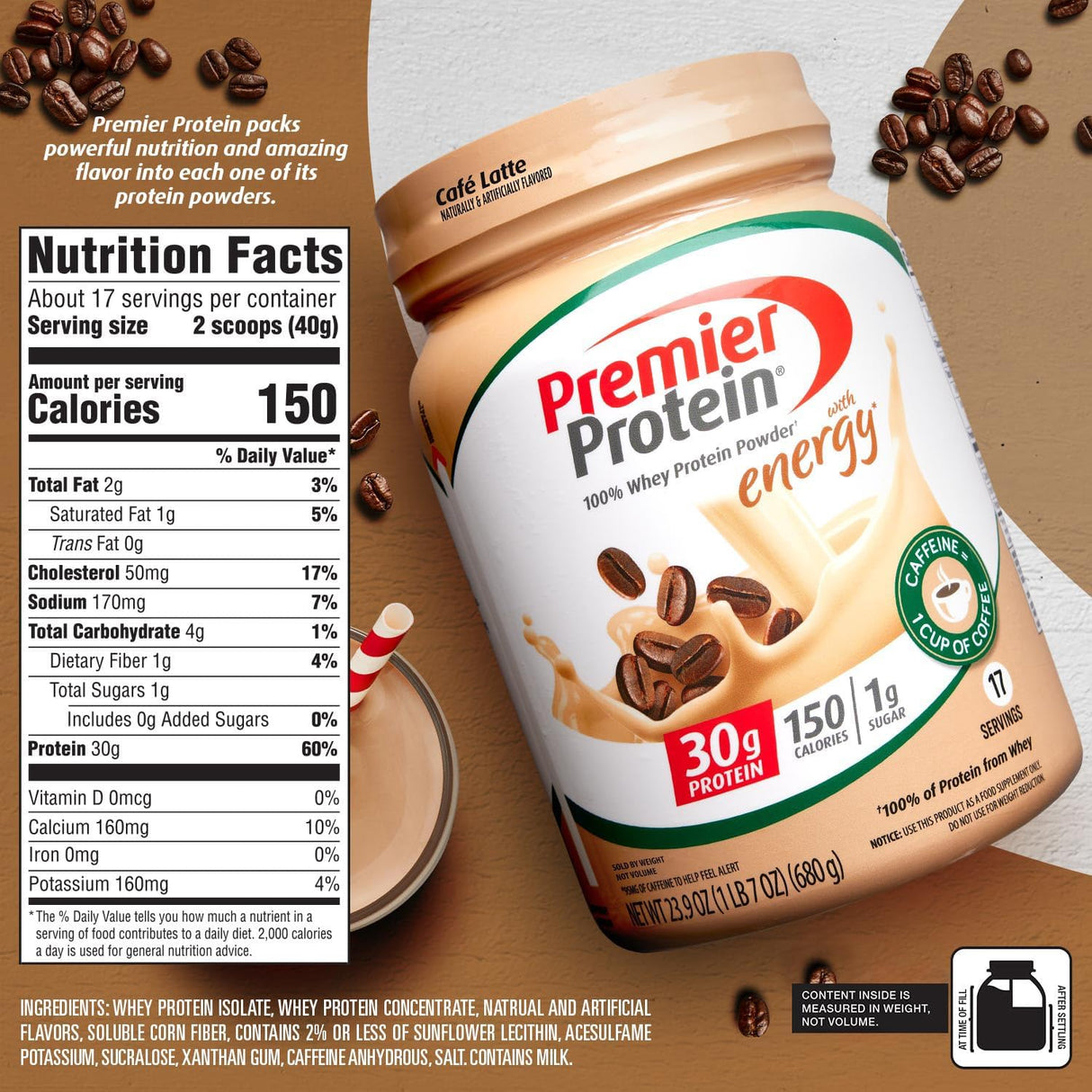 Proteína en polvo Premier, Café Latte, 30g proteína, 17 porciones