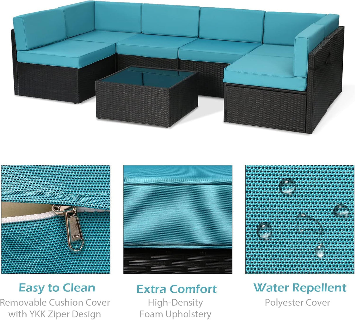 U-MAX Juego de muebles de patio de 7 piezas, juego de sofá de mimbre de ratán de polietileno negro para todo tipo de clima, juego de conversación de muebles seccionales con fundas de cojín azules y mesa auxiliar para porche, jardín, piscina