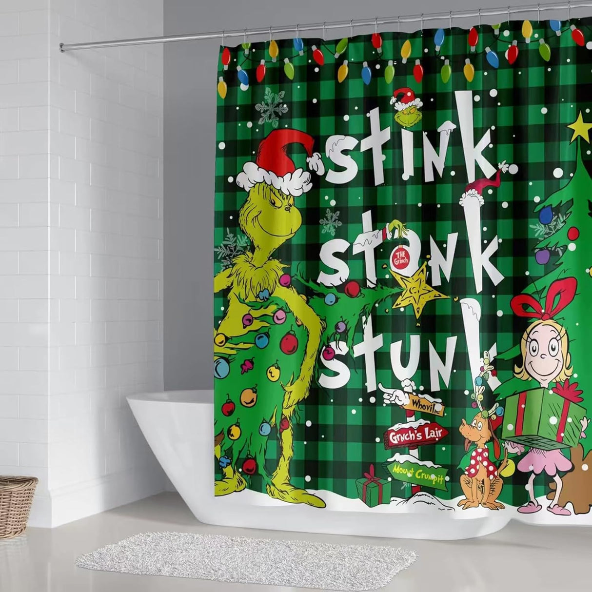 Juego de Cortina de Baño Navidad, incluye Alfombras y Ganchos