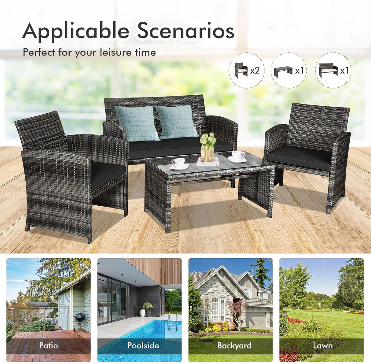 Goplus Juego de muebles de ratán de 4 piezas, sofá de conversación de mimbre para exteriores con cojines resistentes a la intemperie y mesa de vidrio templado para césped, patio, piscina, jardín (negro)