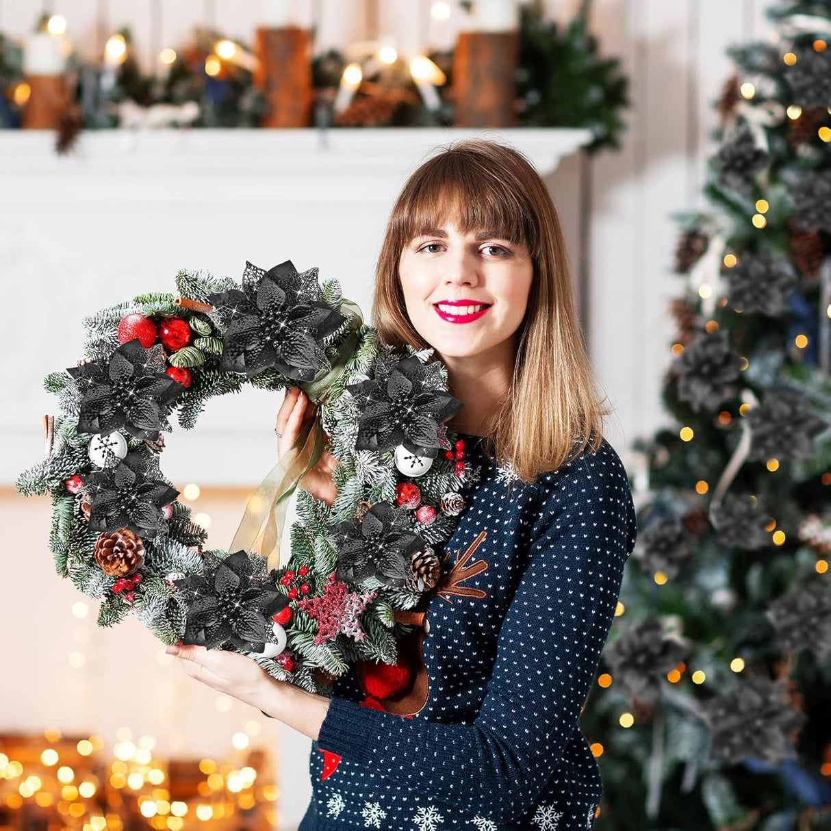 Flores Artificiales Poinsettia Glitter, WILLBOND, 36 Piezas