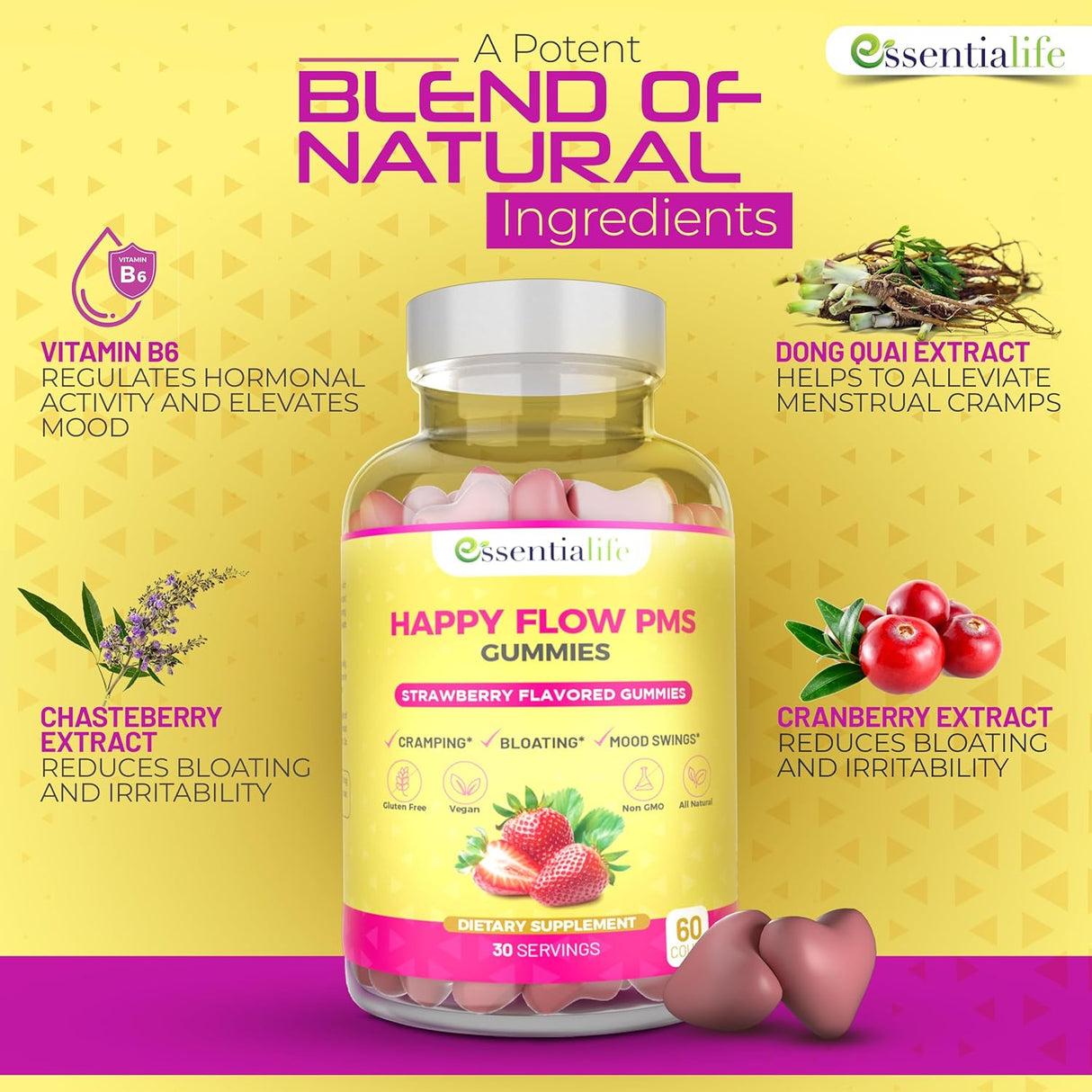 Suplementos masticables de PMS con sabor fresa Essentialife