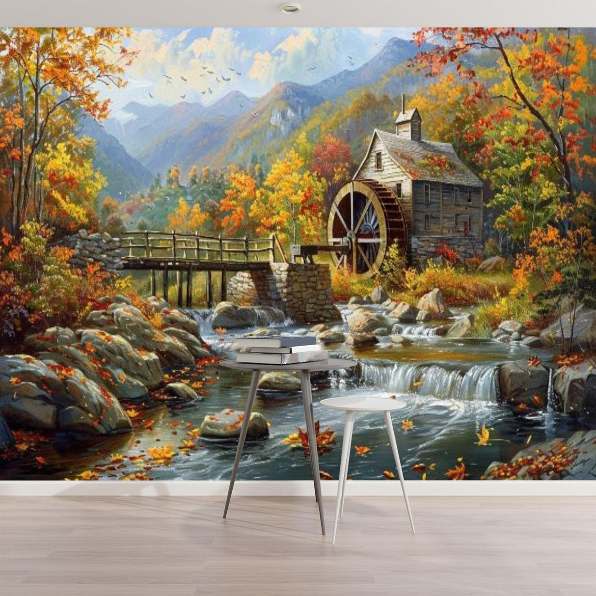 Mural 3D Moderno Naturaleza Vintage Autum Gristmill Autoadhesivo