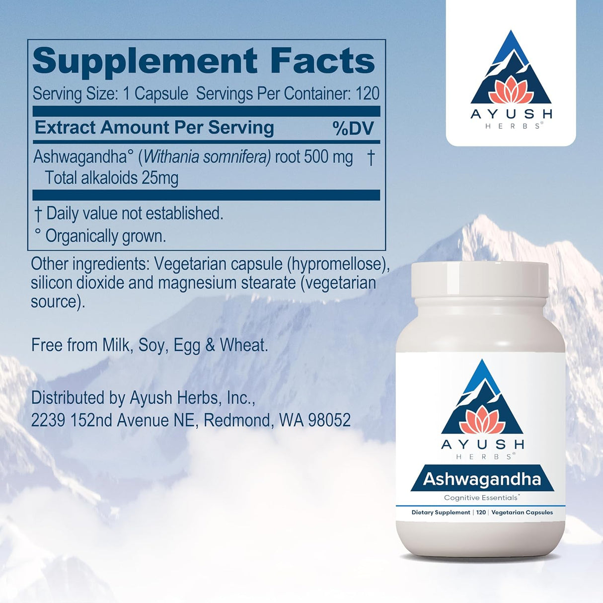 Suplemento de Ashwagandha, Ayush Herbs, 120 cápsulas veganas