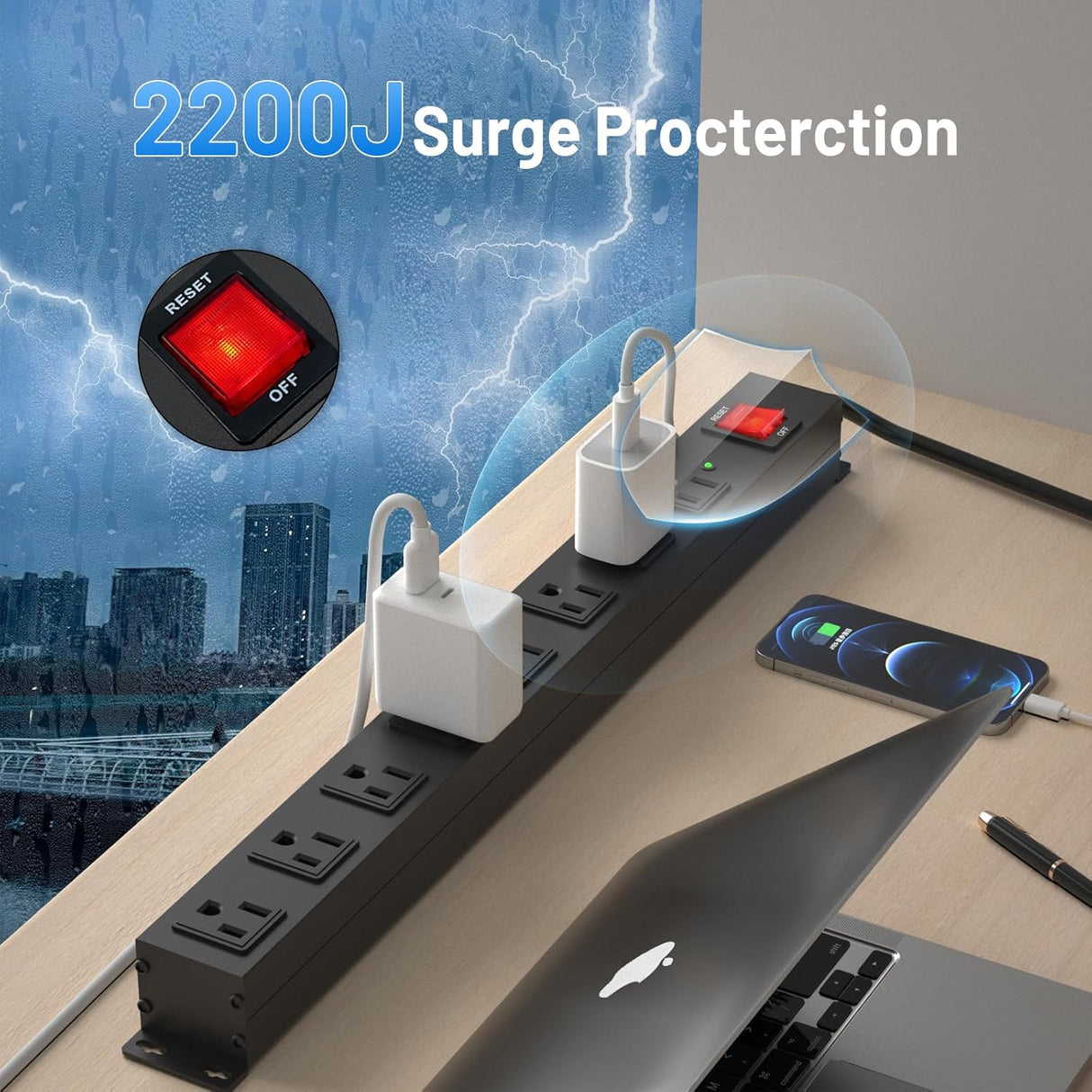 Regleta protectora de sobretensiones resistente de 8 tomas