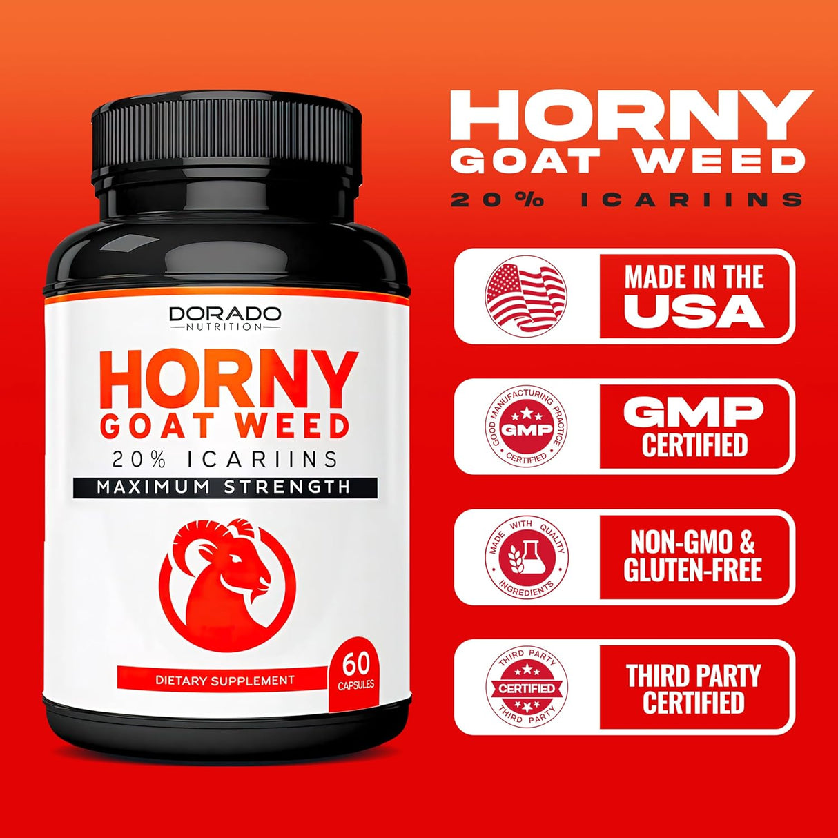 Horny Goat Weed USA - Max Fuerza, Resistencia y Circulación - 60 Cápsulas