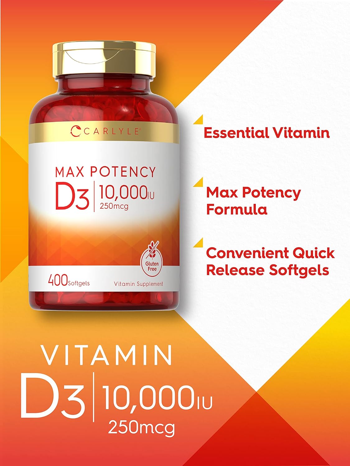 Suplemento de Vitamina D 10000 IU Carlyle, 400 Gelatinas