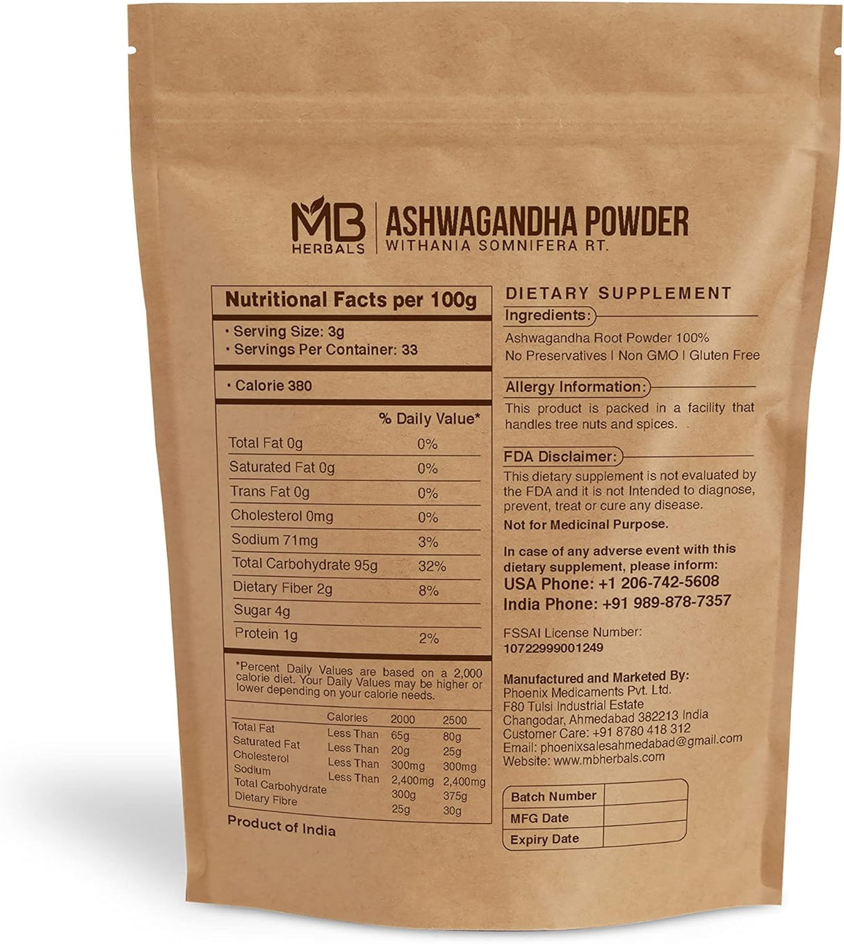 Polvo de Ashwagandha MB Herbals 100g | Sin Conservantes