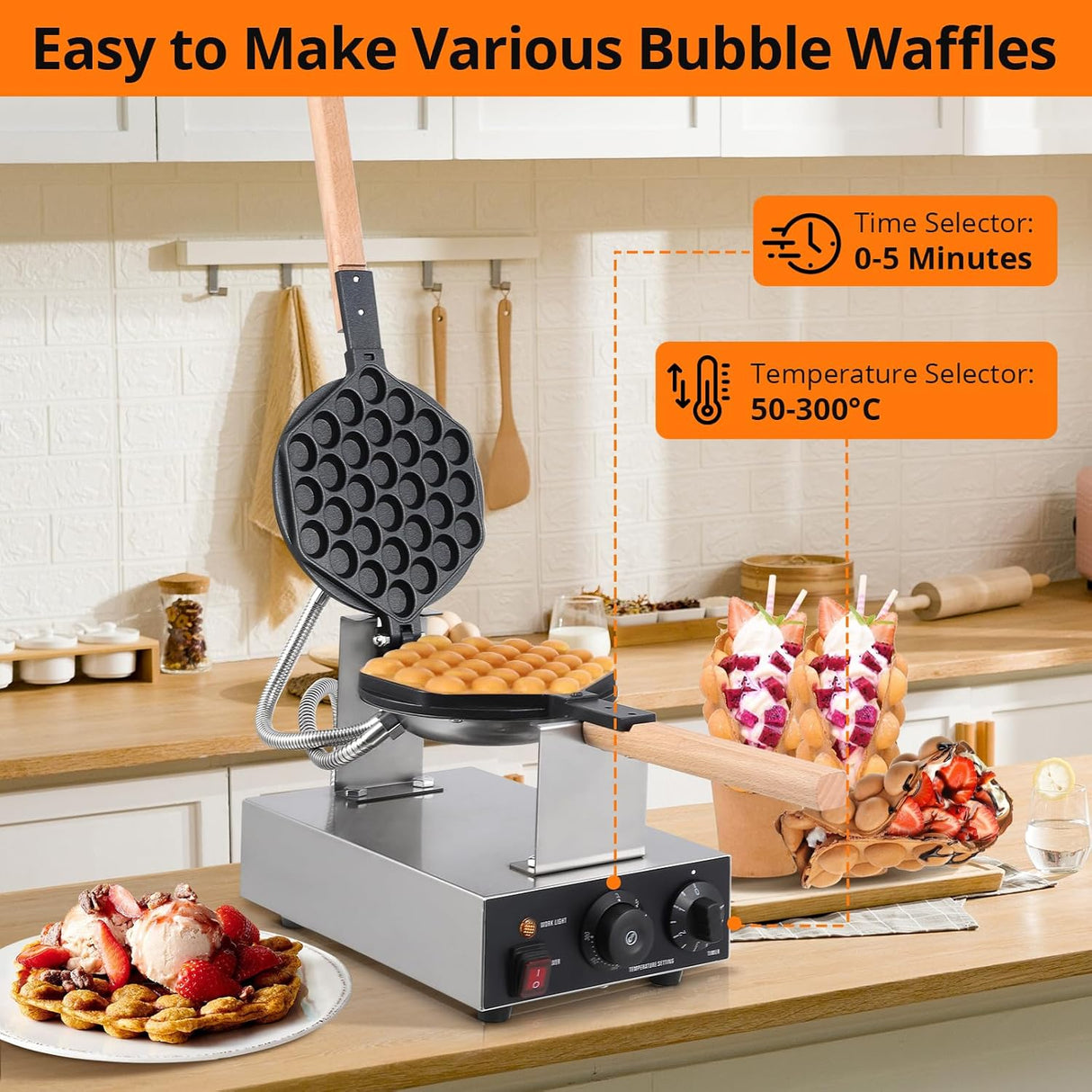 Máquina de Waffles Bubble, Eléctrica, 1400W, Doble Cara, 2023