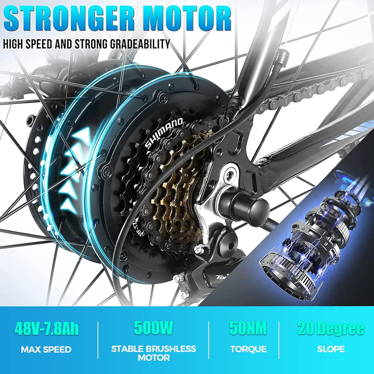 Bicicleta Eléctrica ANCHEER 750W, 55 millas, 21 Velocidades