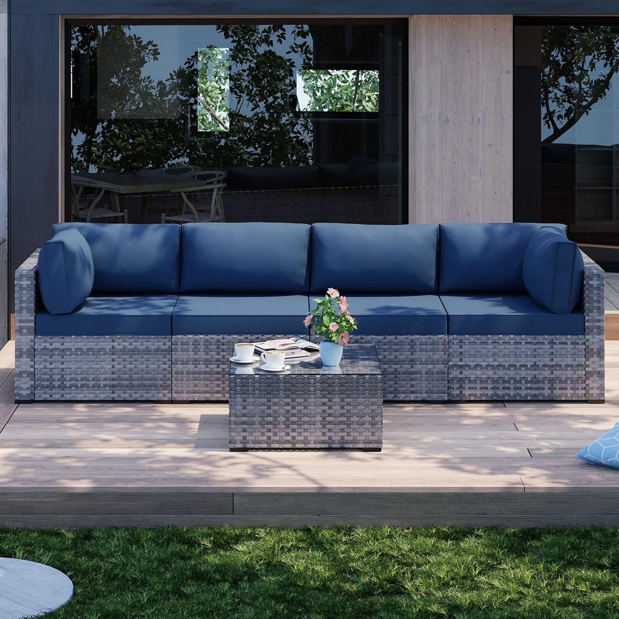 Shintenchi Sofá modular de 5 piezas para patio al aire libre, juegos de muebles de mimbre de polietileno gris plateado con cojines lavables y mesa auxiliar de cristal para jardín, piscina, patio trasero (azul egeo)