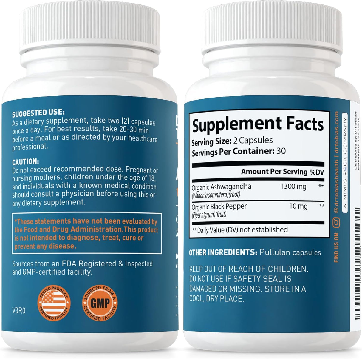 Cápsulas de Ashwagandha 1300mg Dr. Tobias, 60 Veganas