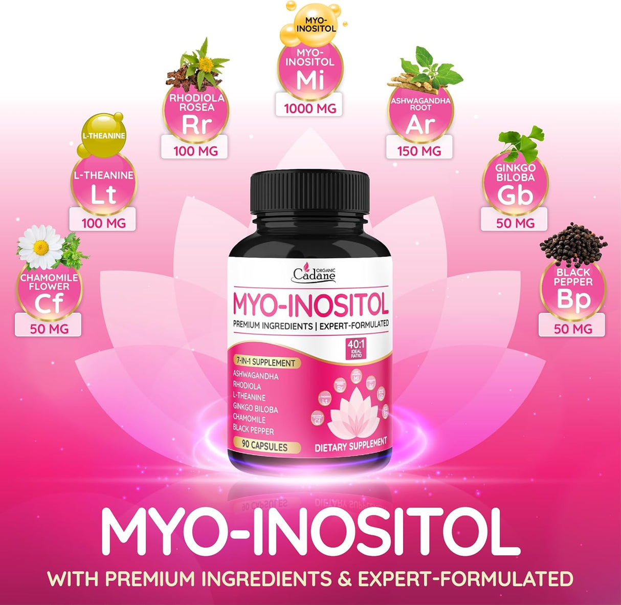 Cápsulas Orgánicas Cadane Myo Inositol & Ashwagandha | Veganas, No GMO, 90 cápsulas