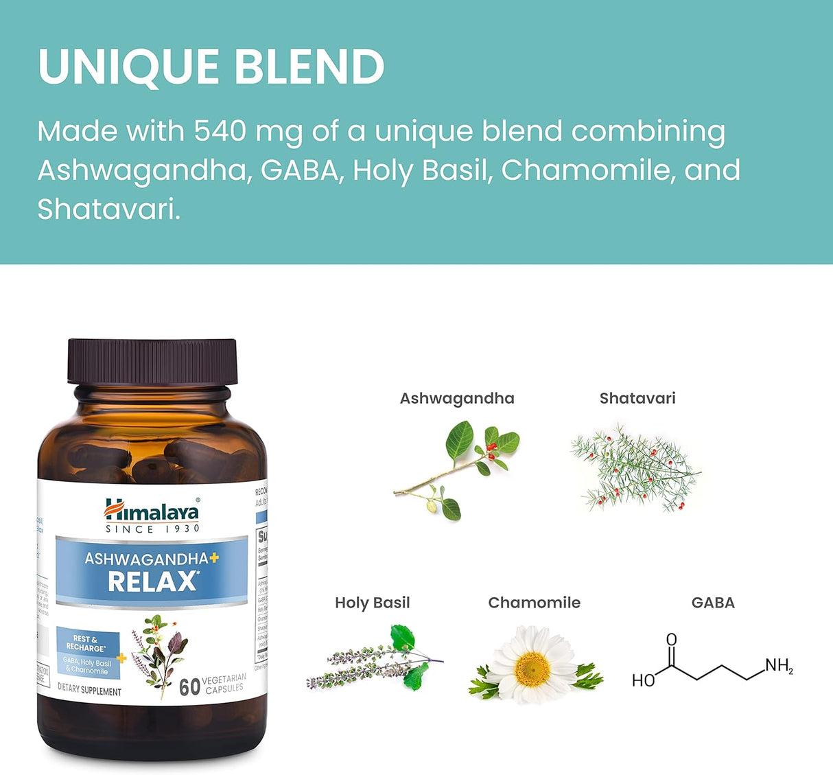 Ashwagandha+ Relax Himalaya, GABA, Albahaca Sagrada, 60 Cápsulas