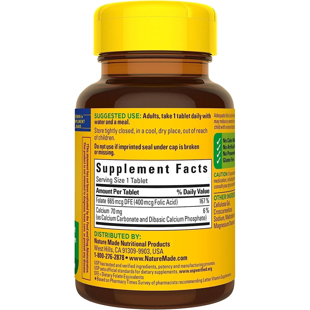 Suplemento Ácido fólico 400 mcg (665 mcg DFE) 250 tabletas