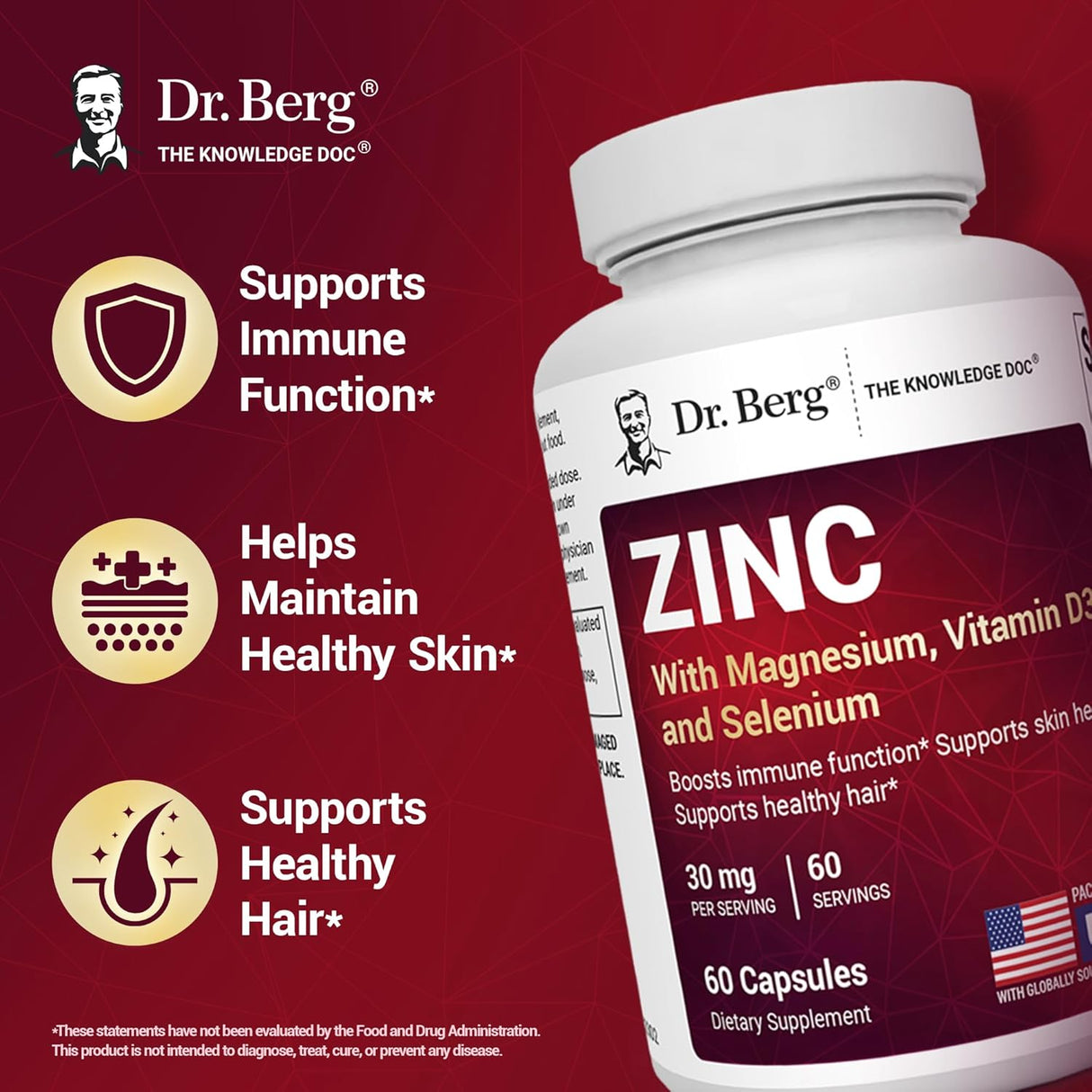 Dr. Berg Zinc 30mg con Magnesio, D3, Selenio y Cobre, 60 cápsulas