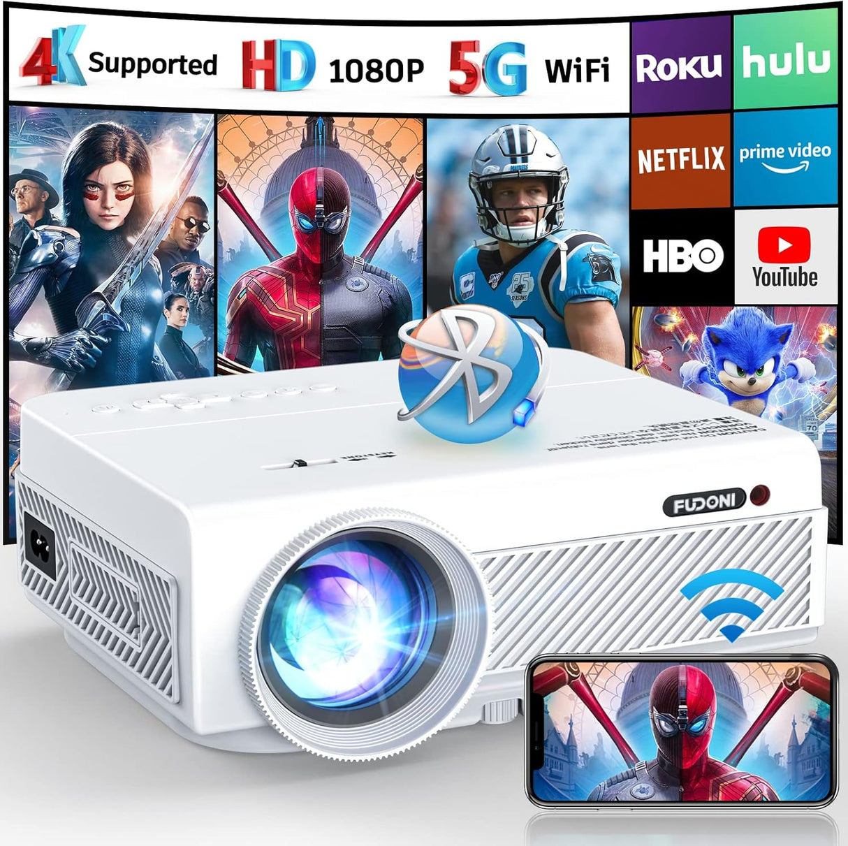 Proyector FUDONI 1080P 15000L WiFi Bluetooth, modelo portátil