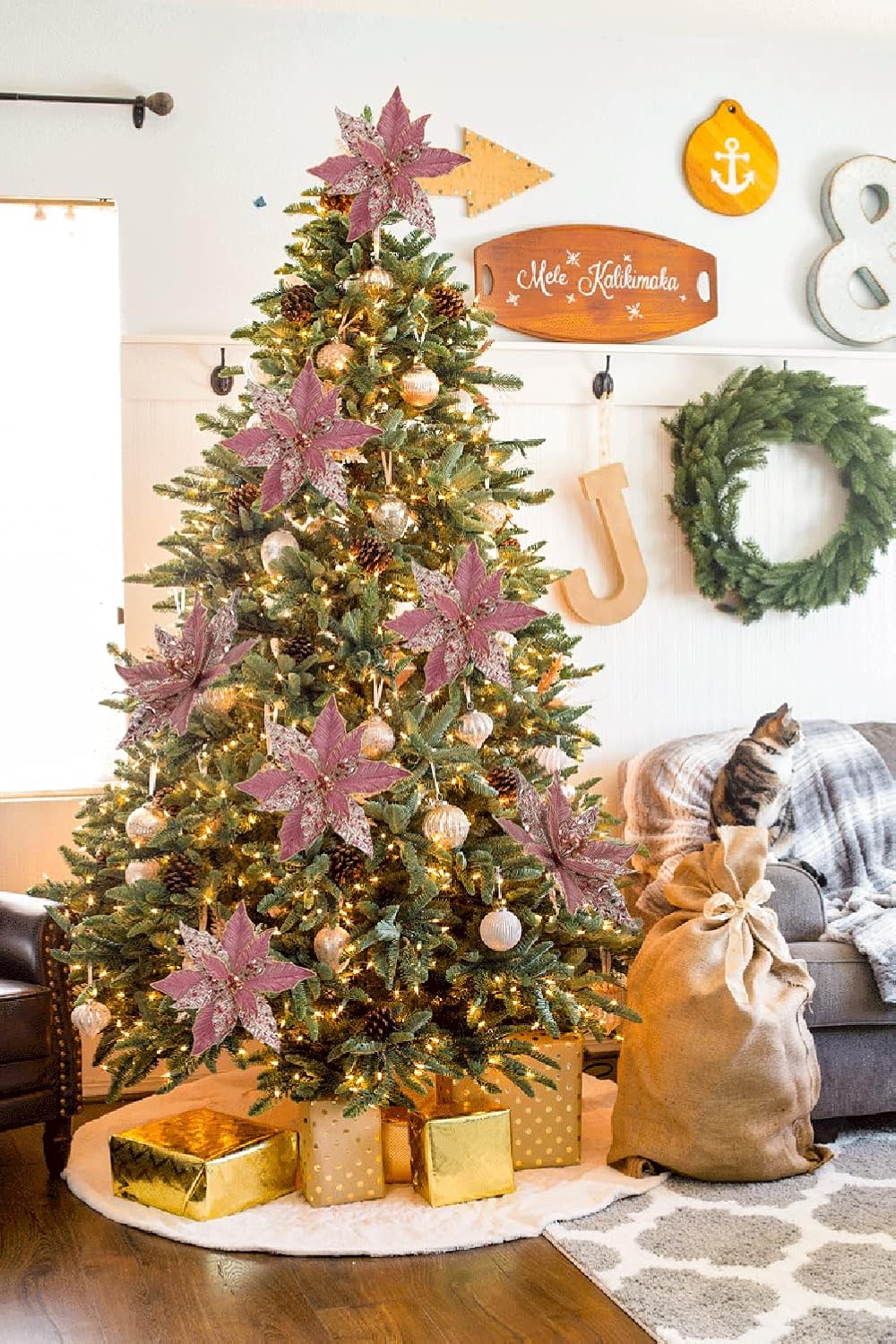 Flores Poinsettia Briful 12'' Artificiales para Decoraciones Navidad