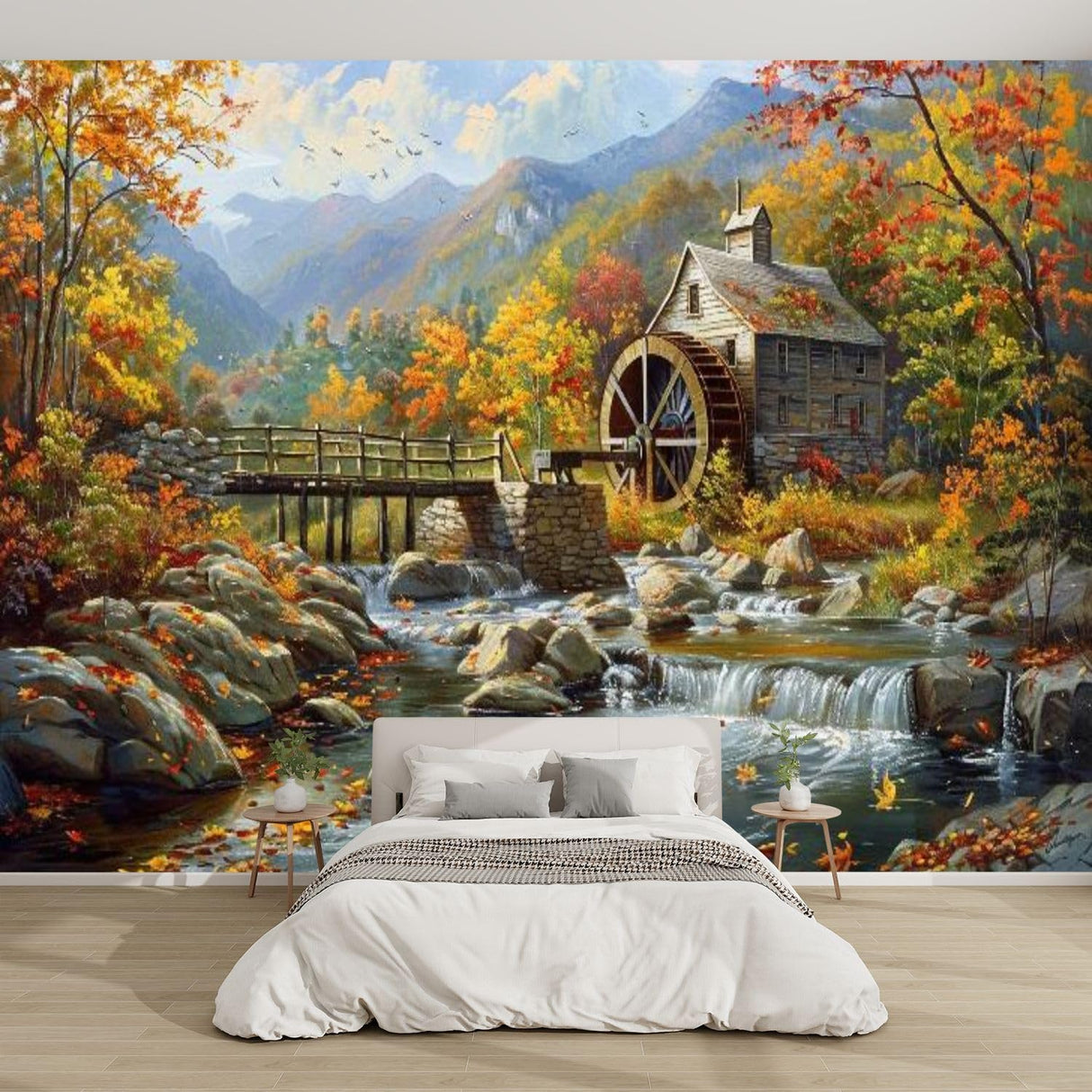 Mural 3D Moderno Naturaleza Vintage Autum Gristmill Autoadhesivo