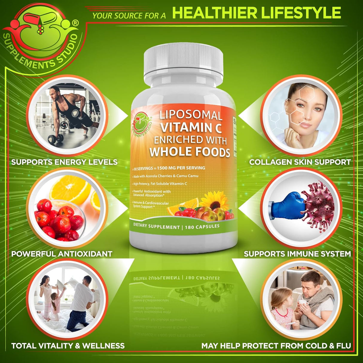 Suplementos liposomales de vitamina C en polvo, 1500 mg