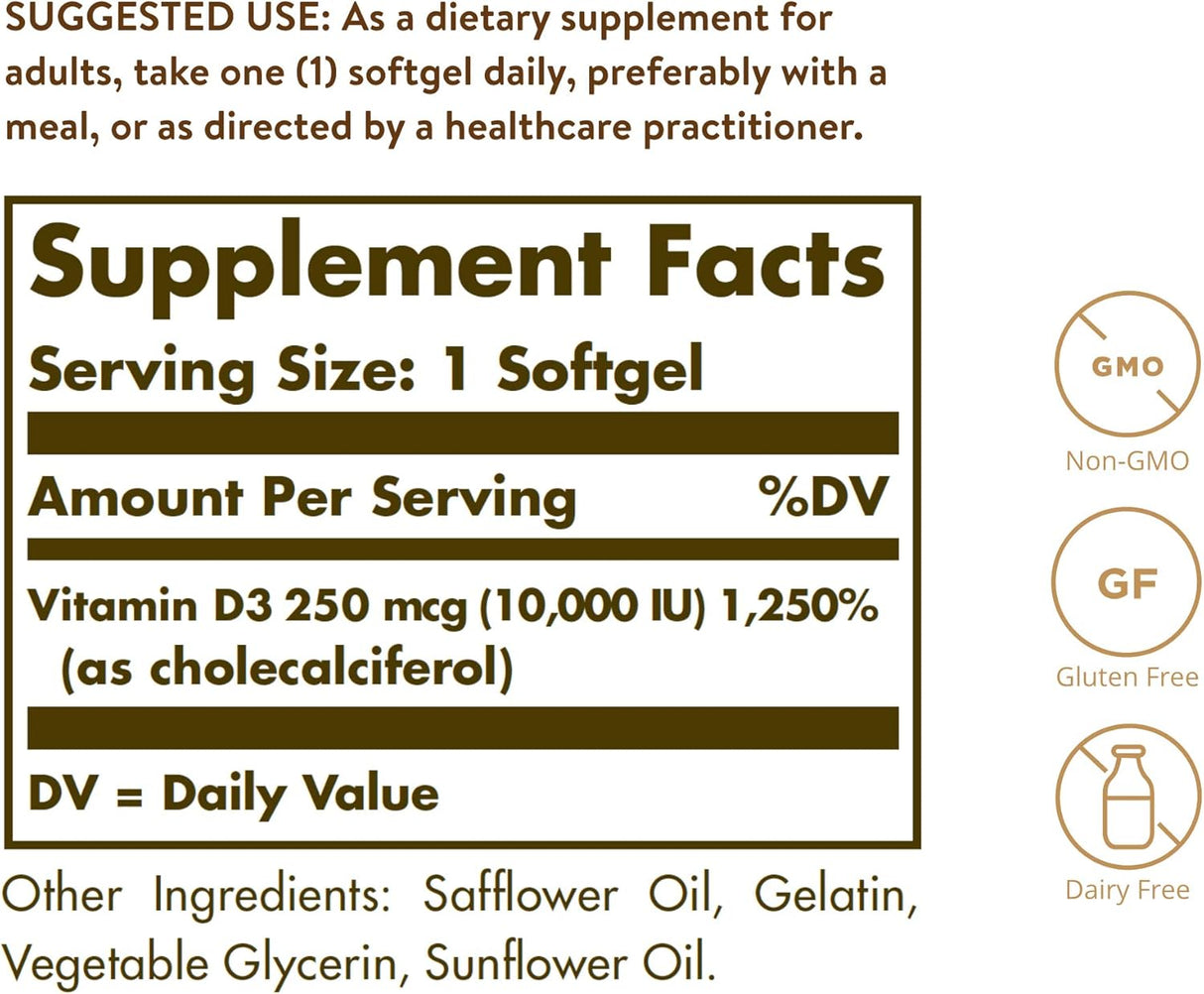 Solgar Vitamina D3 250 mcg 10,000 IU Suplemento 180 cápsulas