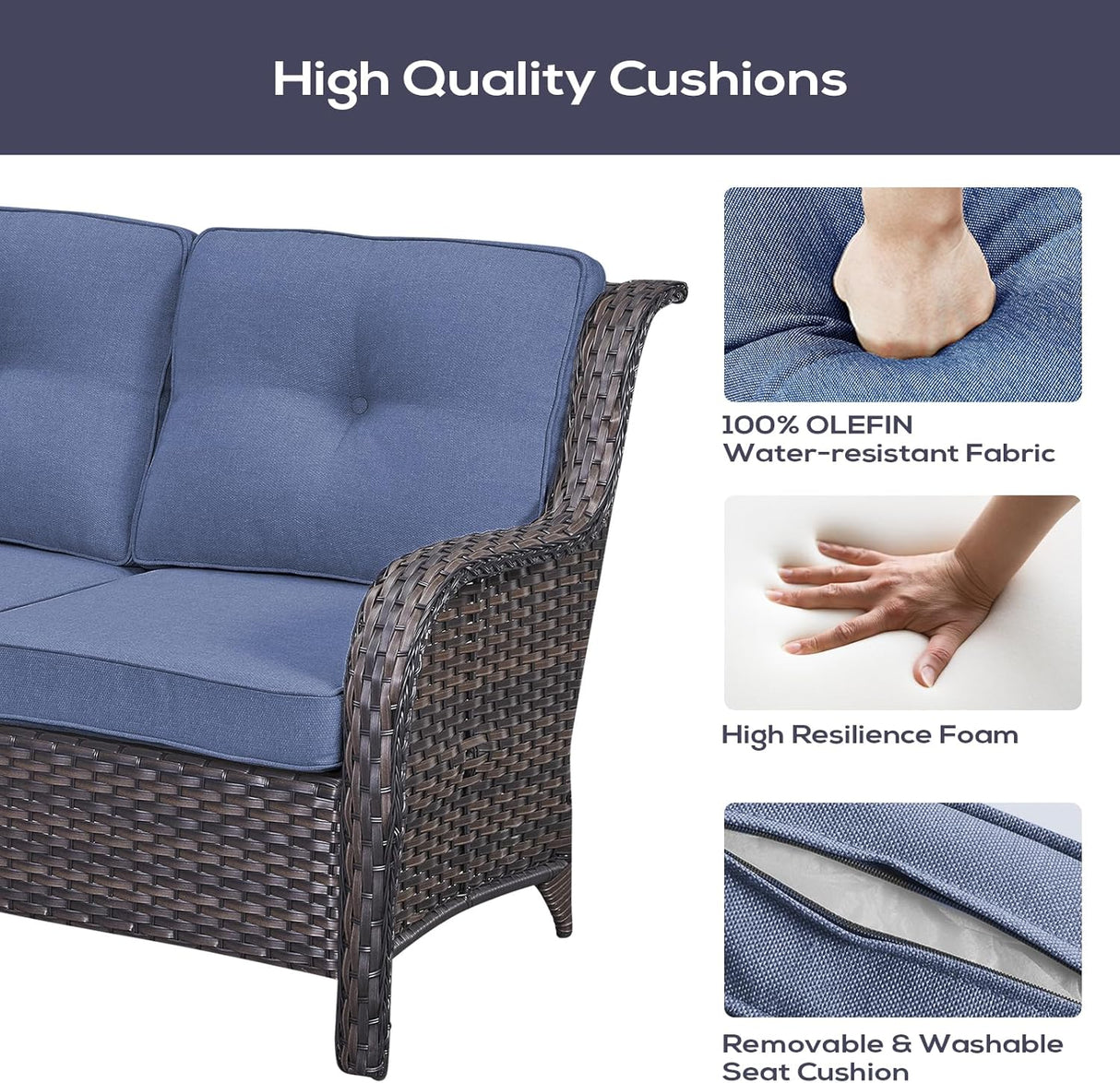 Belord Juego de muebles de patio al aire libre con mesa para fogata de propano, 7 piezas de mimbre para patio con 2 sillas giratorias mecedoras deslizantes, sofá de ratán, cojín azul, perfecto para