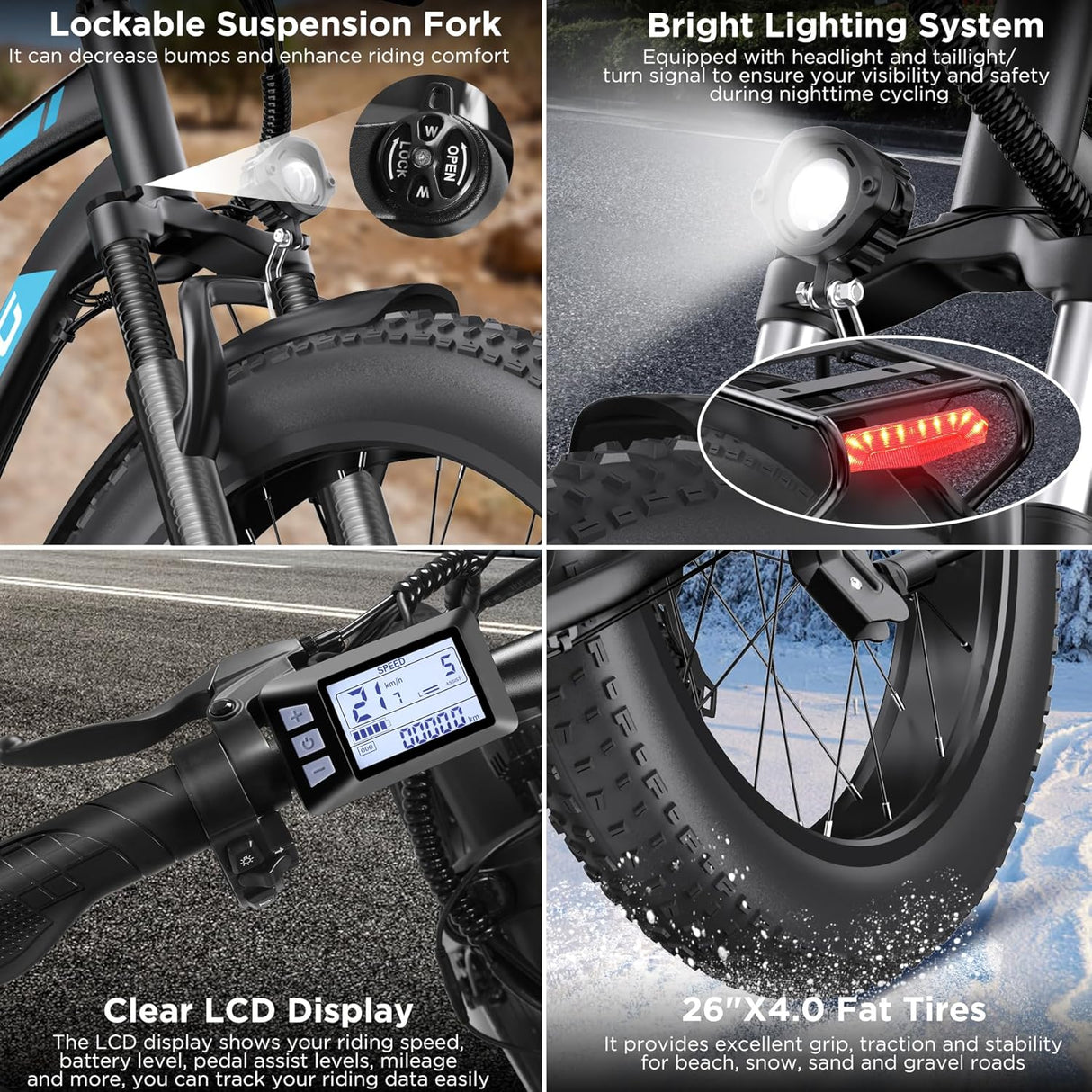 Bicicleta Eléctrica 750W, 60 Millas, Suspensión, 26 Fat Tire