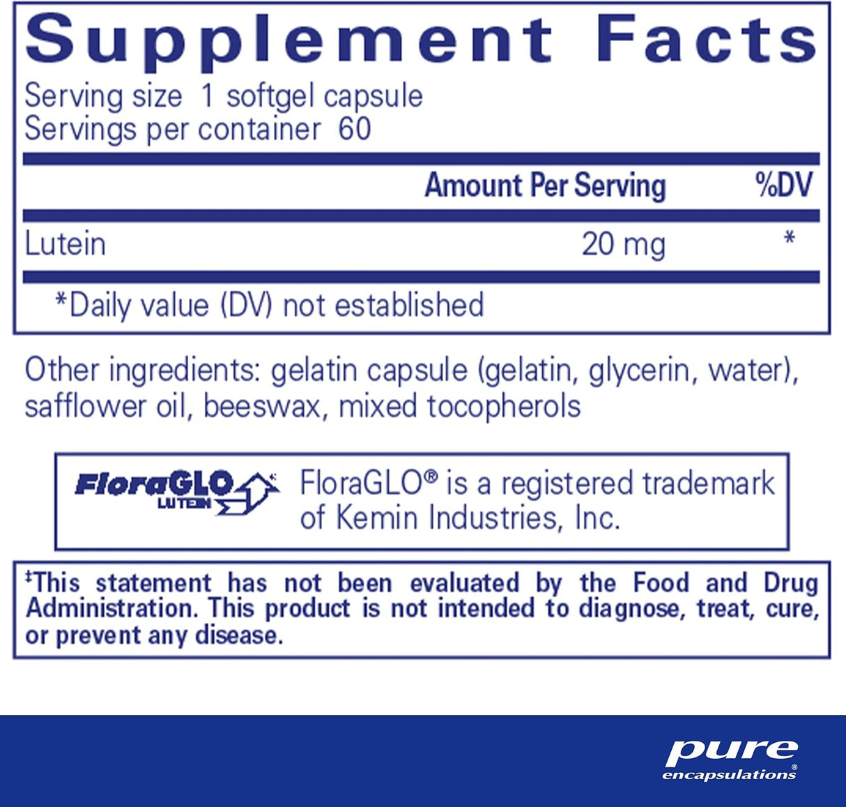 Suplementos Pure Encapsulations Luteína 20 mg función visual