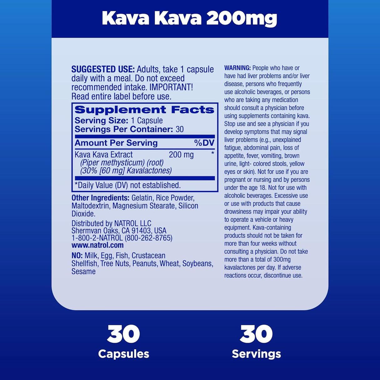 Suplemento Natrol Kava Kava 200mg, Relajación, 30 Cápsulas