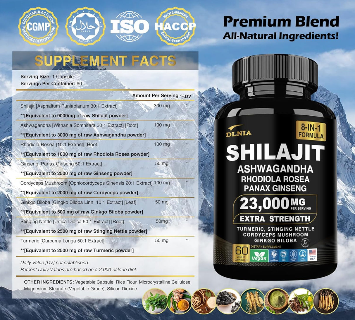 Suplemento Orgánico Shilajit 9000MG con Adaptógenos 8 en 1