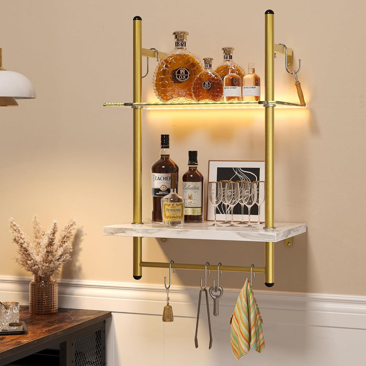 Estantes Flotantes LED Bestier, 2 Niveles con Barra y Ganchos