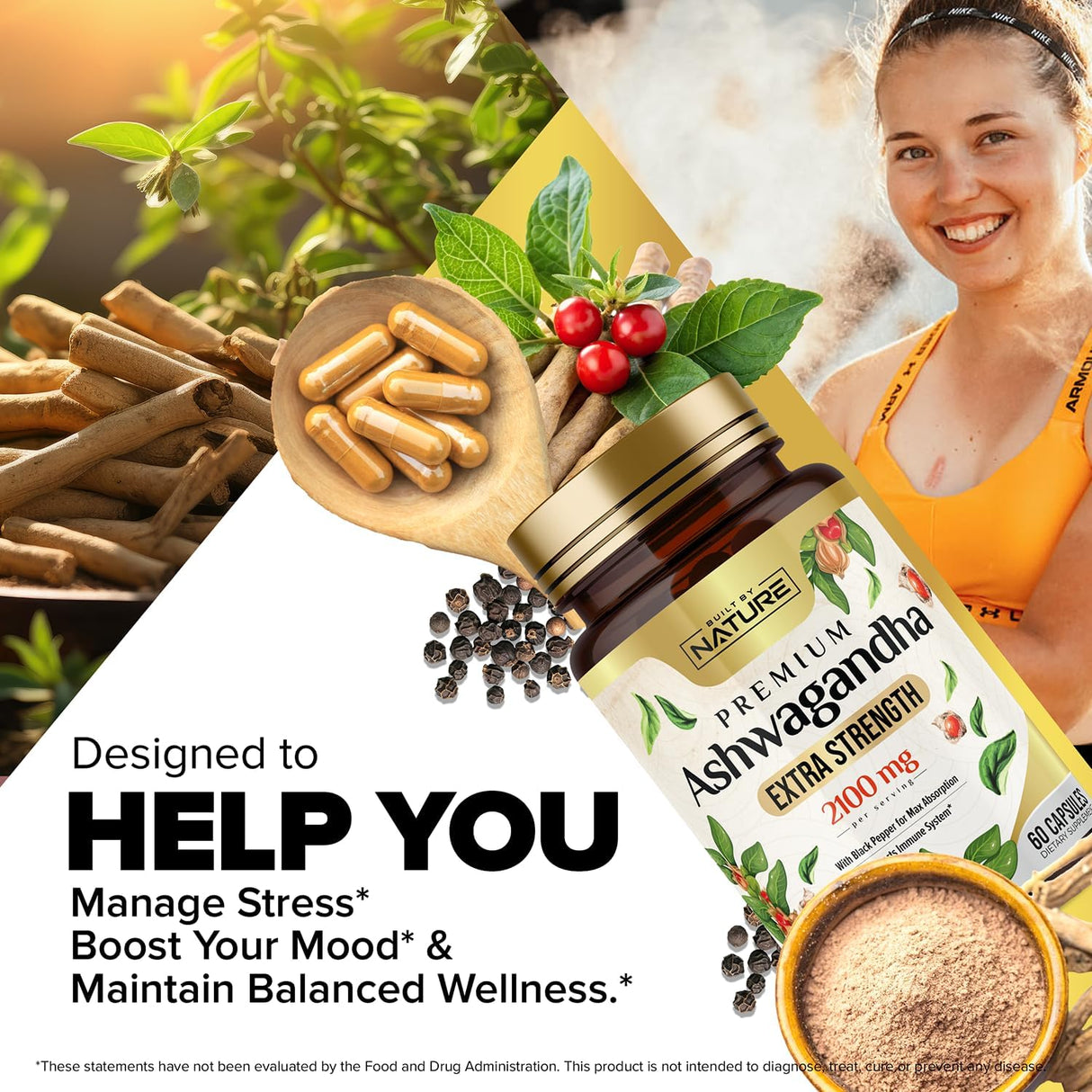 Suplemento de Ashwagandha 2100mg - Built by Nature - 60 cápsulas