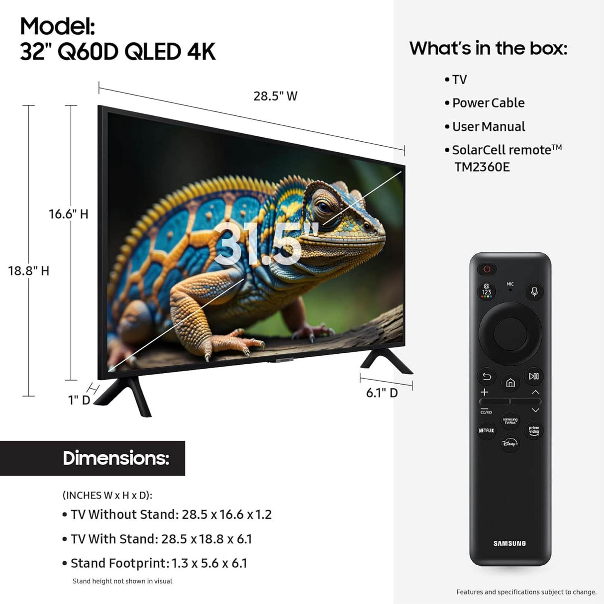 Televisor QLED 4K 32 Samsung con HDR, Smart TV, QN32Q60D
