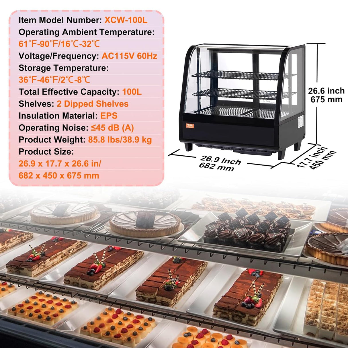 Vitrina Pastelera VEVOR 3.5 Cu.Ft., 2 Niveles, Modelo XCW-100L