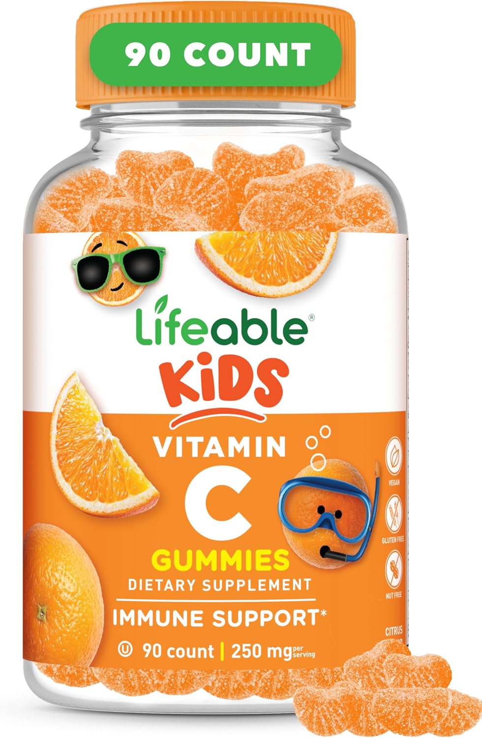 Vitamin C Gummies Kids | Lifeable | 250mg, Vegan, GMO-Free, Chewable | 90u