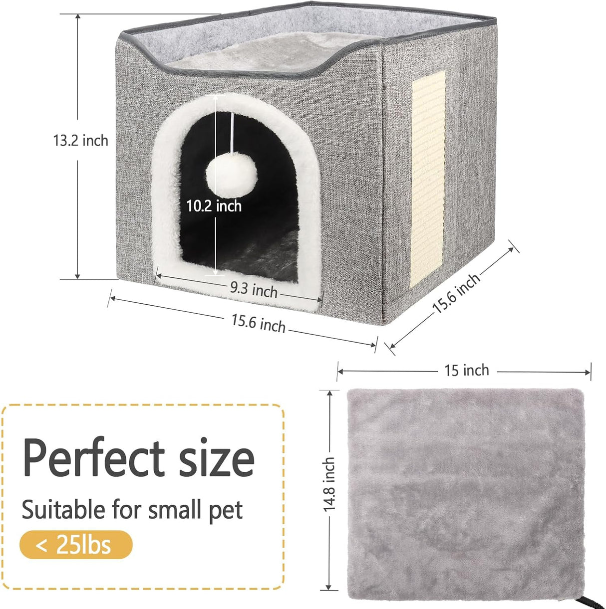 Cama Térmica para Gatos, Casa Plegable con Almohadilla Caliente
