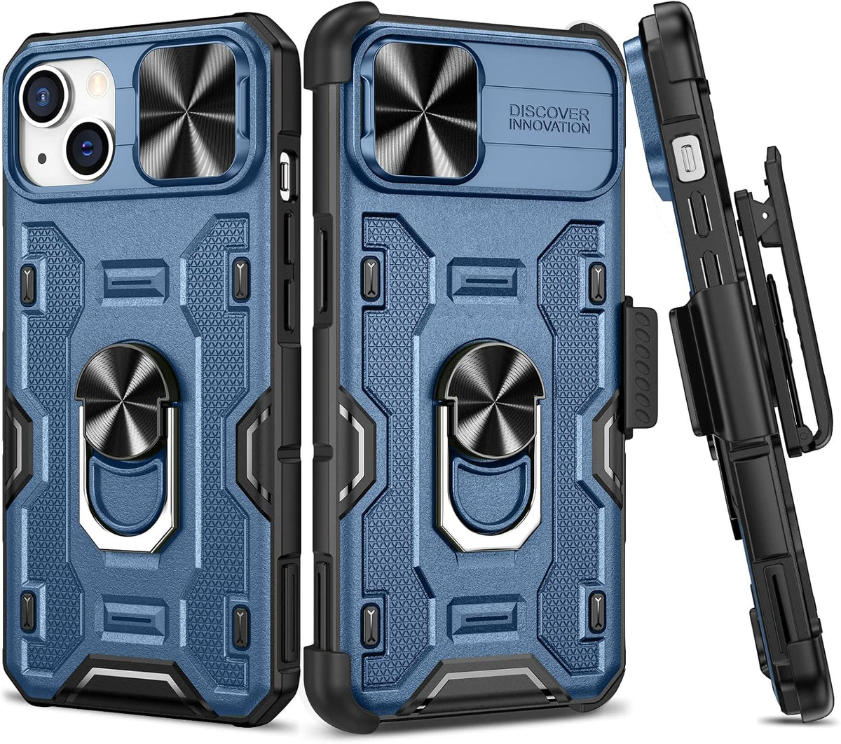 VEGO Funda para iPhone 13 con funda de clip para cinturón, cubierta deslizante para cámara y anillo magnético giratorio de 360°, soporte de grado militar, protección resistente para iPhone 13 de 6.1 pulgadas, color azul oscuro