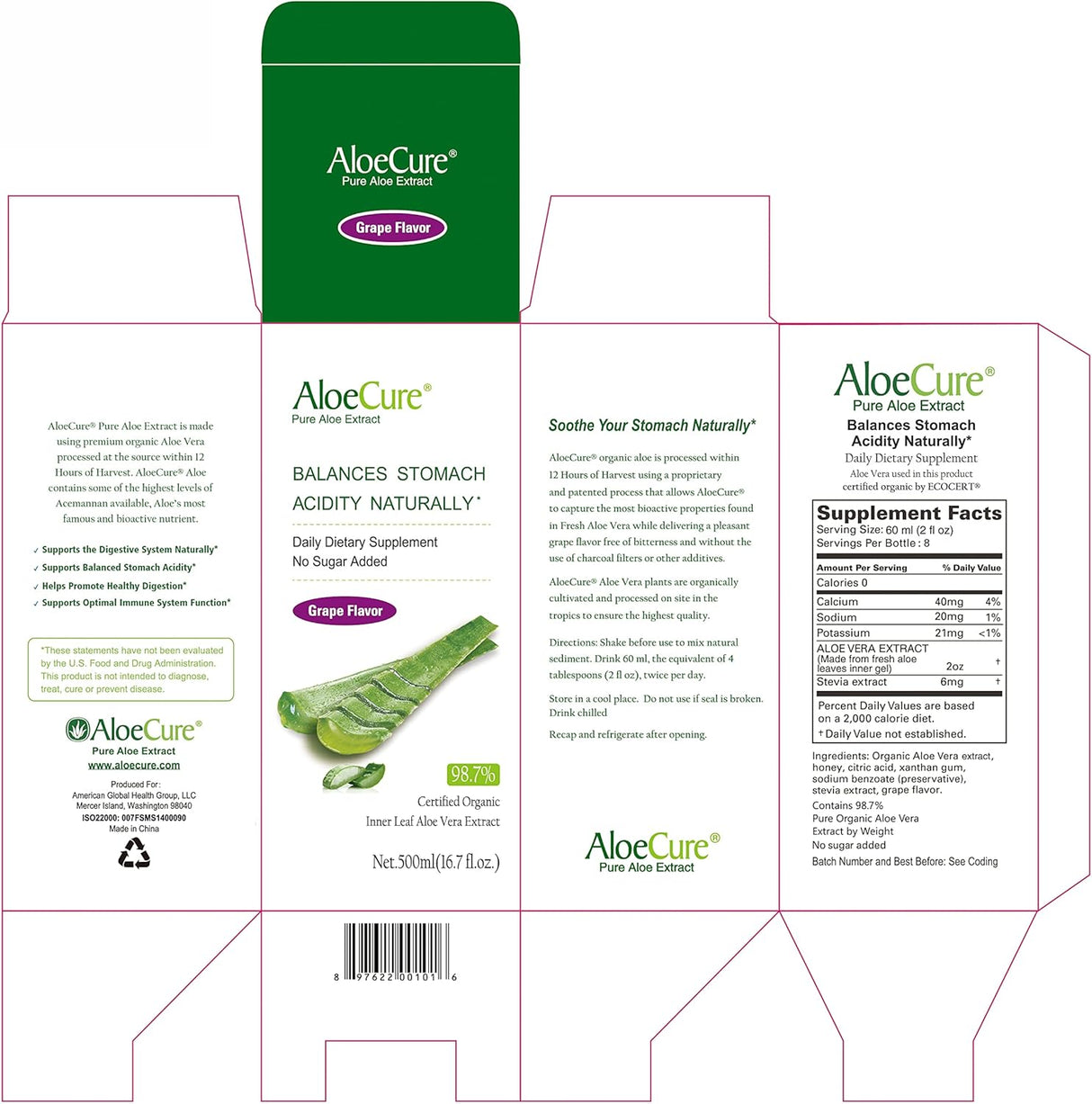 Botellas de jugo puro de aloe vera Suplementos Alimenticios