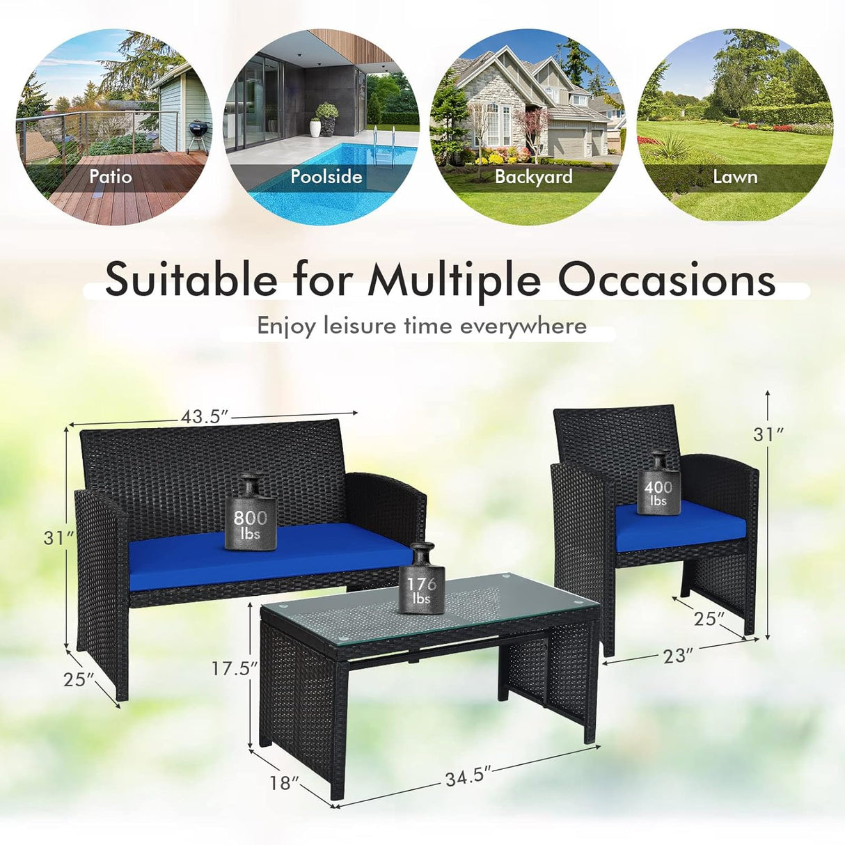 Goplus Juego de muebles de ratán para patio, 4 piezas, sofá y mesa de mimbre para exteriores con cojines suaves y mesa de centro de vidrio templado para balcón, jardín, patio trasero (azul)