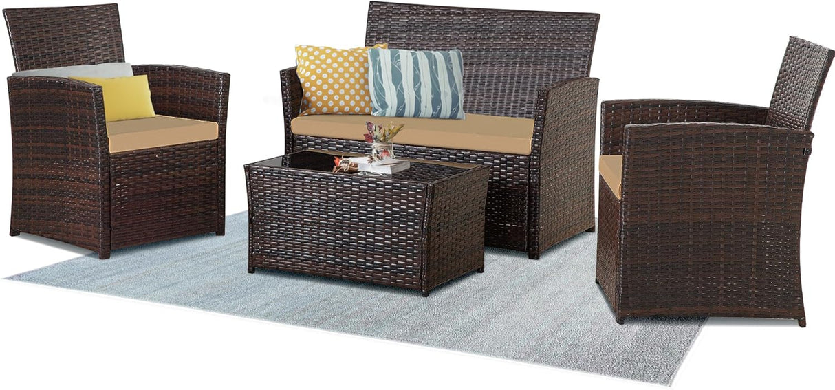 Seogwisam Juego de muebles de patio de 4 piezas, juegos de conversación de mimbre para exteriores, sofá seccional de ratán con mesa de café, cojines de asiento para patio trasero, porche, jardín,
