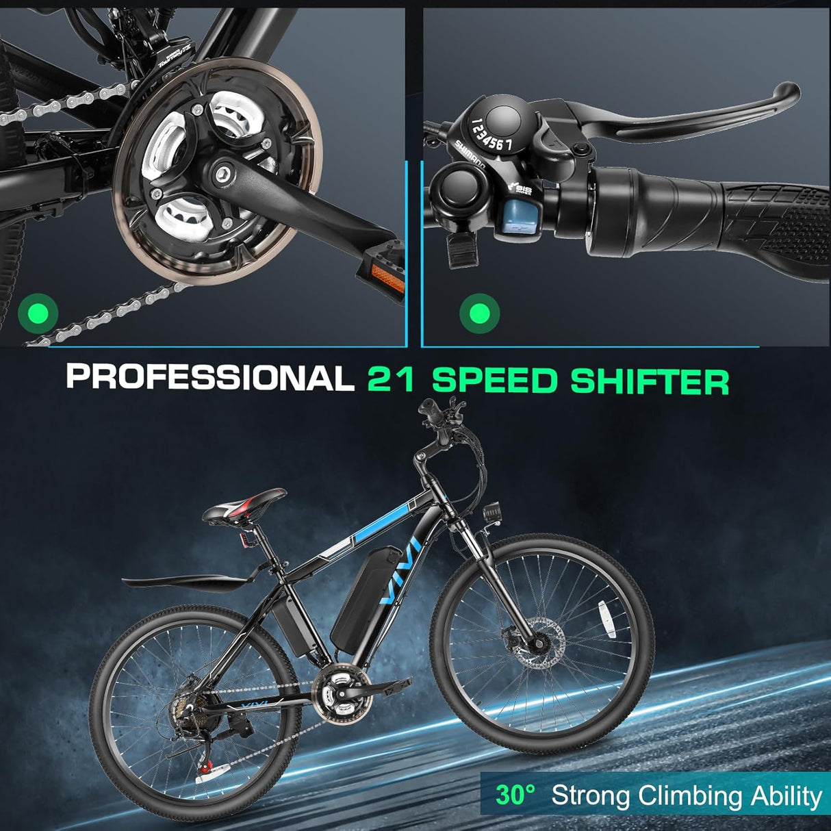 Bicicleta Eléctrica Vivi 780W, 50 millas, 21 velocidades, 26”