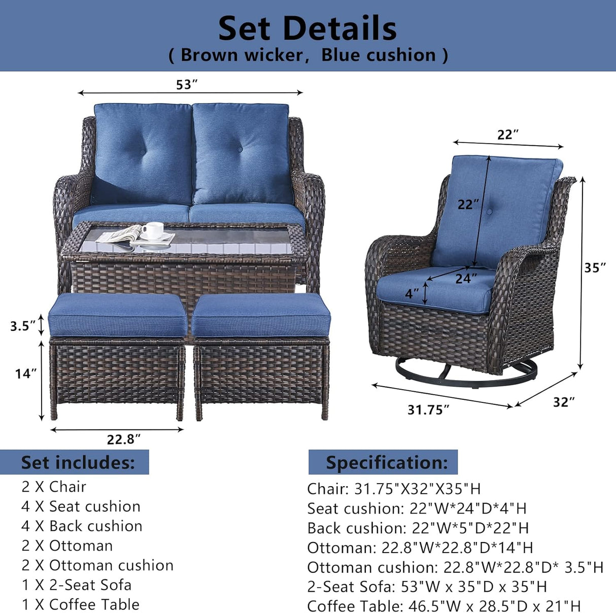 Belord Juego de muebles de mimbre para exteriores, juego de muebles de patio de 6 piezas con sillas mecedoras giratorias, sofá biplaza, otomanas y mesa auxiliar, cojín azul