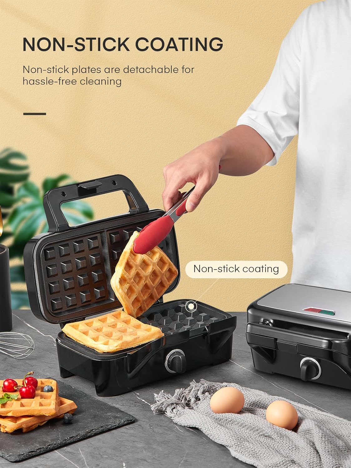 Waffle Maker 3 en 1 FOHERE, 1200W, Placas Removibles, Control T°